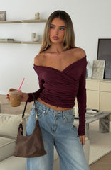 Sparks Fly Cinched Waist Off Shoulder Long Sleeve Top Cherry Chocolate